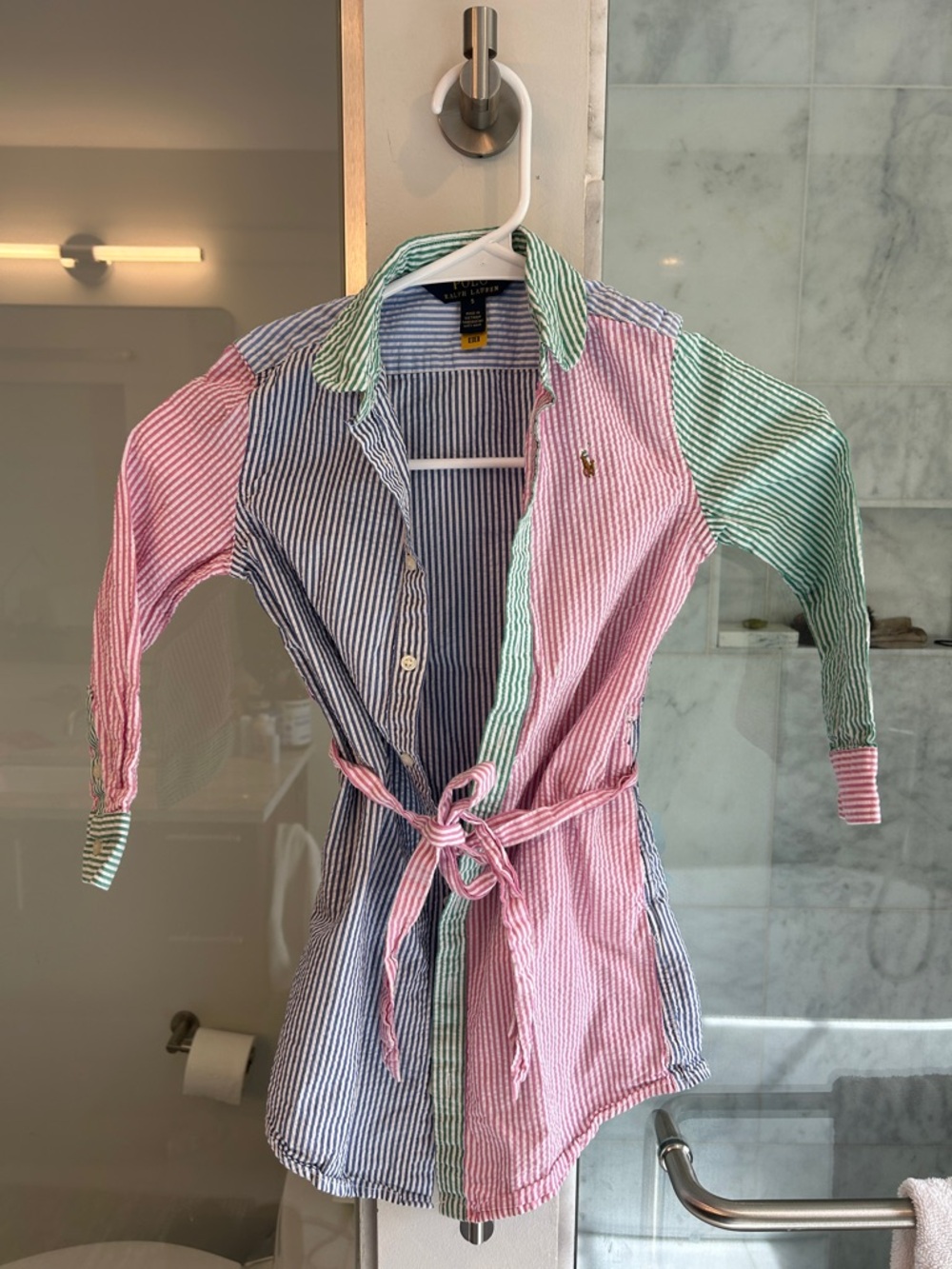 Polo by Ralph Lauren Multi-Stripe Seersucker Shirt Dress in Pink, Blue, Green